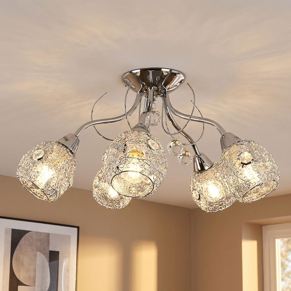 Deckenleuchte Deckenlampe Esszimmerleuchte Kristalllampe 5 Flammig Chrom D 54 Cm-image