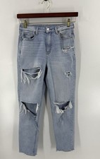 American Eagle Womens Mom Jeans Size 4 Long Light Blue Distressed Denim