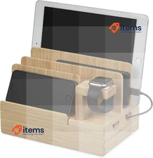 Relaxdays Charging Station For Apple Watch Bamboo Tablet Holder, Clock Stand