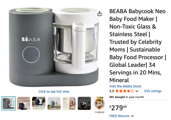BEABA Babycook Neo Baby Food Maker –Non-Toxic Glass & Stainless Steel –(Openbox)