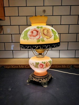 #ad MCM Hand Painted Glass Parlor Hurricane Lamp Gone with the Wind Works $90.00