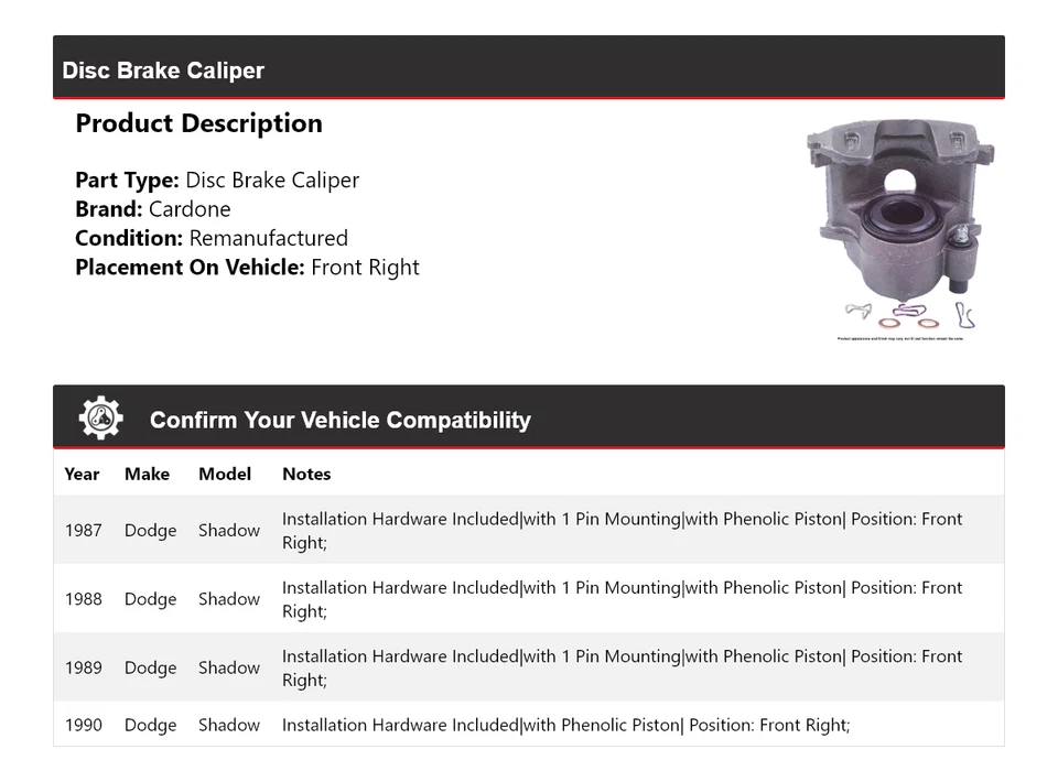 Pinça de freio a disco dianteira direita Cardone 1988 1989 Dodge Shadow 1987-1990 - Imagem 2 de 4