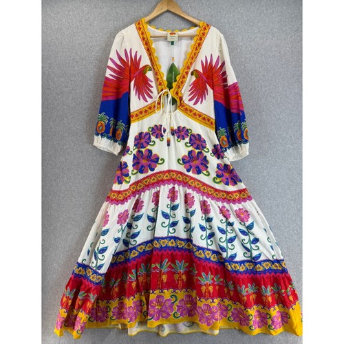Farm Rio Maxi Dress Vivid Garden White Floral Parrot Resort Boho Size Large NWT - Picture 2 of 24