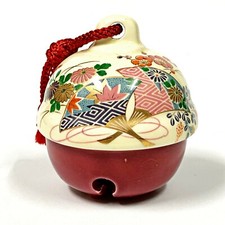 Vintage Japanese Ceramic Bell Dorei Pottery Lucky Charm Chrysanthemum Floral Art
