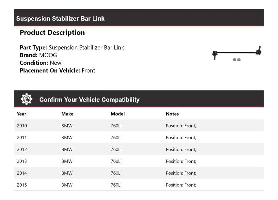 Barra estabilizadora de suspensión delantera MOOG 2010 2011 2012 BMW 760Li 2010-2015 Foto 2 de 4