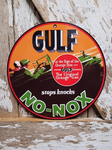 VINTAGE GULF PORCELAIN SIGN NO NOX MOTOR OIL GAS STATION LUBE CAR ...