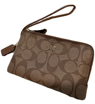 Coach LOGO Brown Leather 2-Pocket Zip Around Wristlet Wallet with
