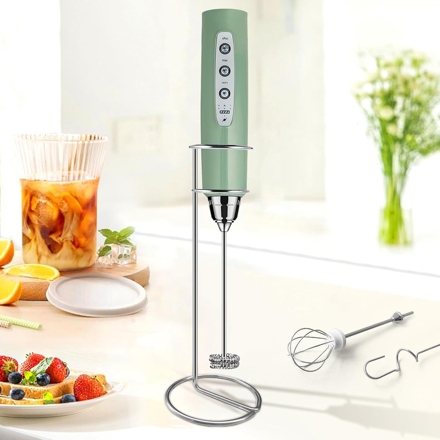 Milk Frother with Stand Rechargeable-Handheld Coffee Milky Green-image