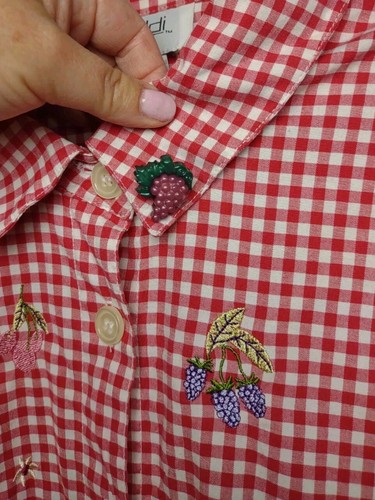 Teddi Red Gingham Blouse 1X Embroidered Flowers Vintage - Picture 2 of 7