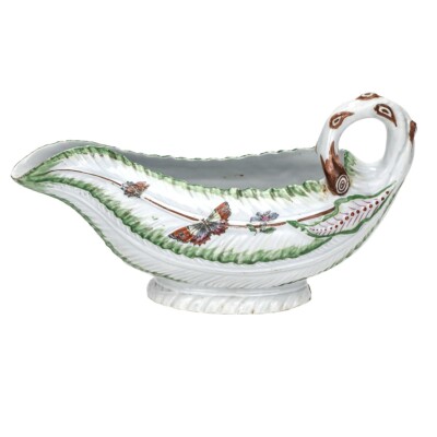 18th C. Dr Wall Worcester Porcelain Lettuce Leaf Sauce boat Polychrome Butterfly