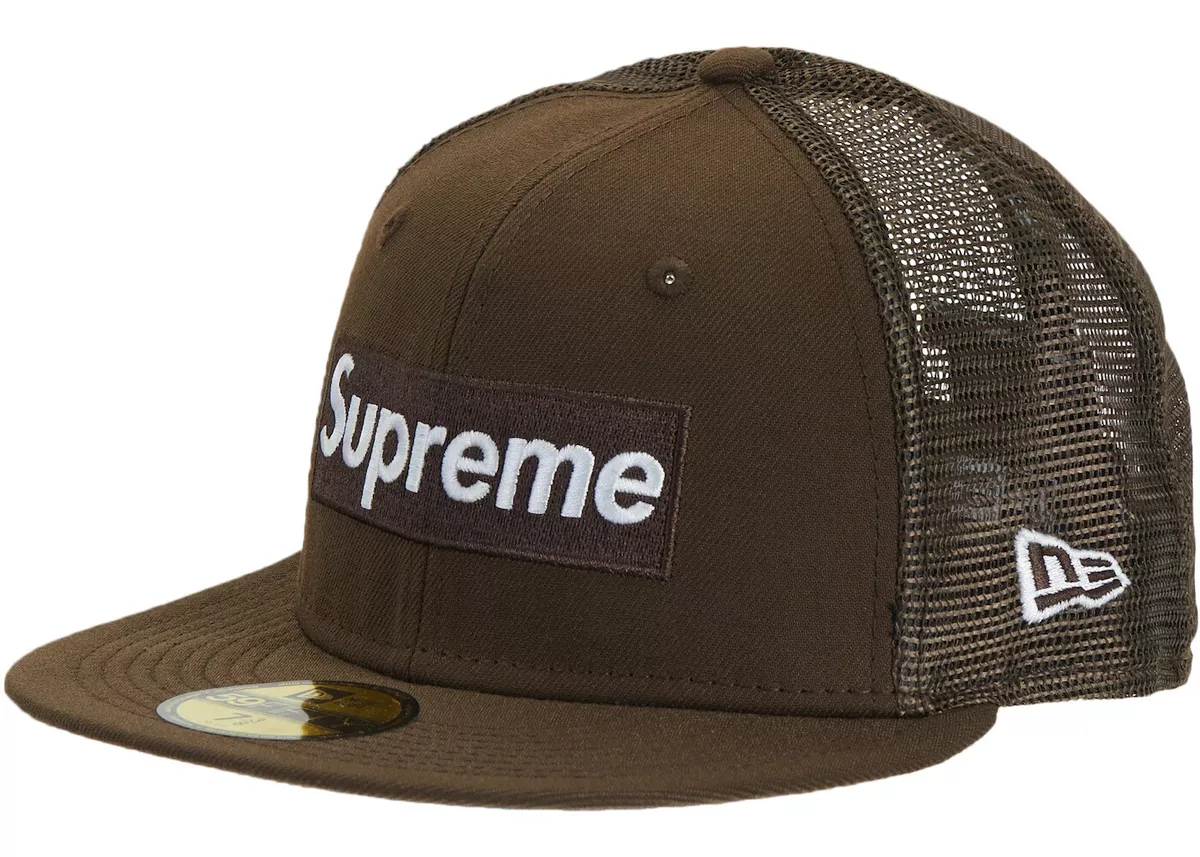 Supreme Box Logo Mesh Back New Era Fitted Trucker Hat BROWN SIZE 7