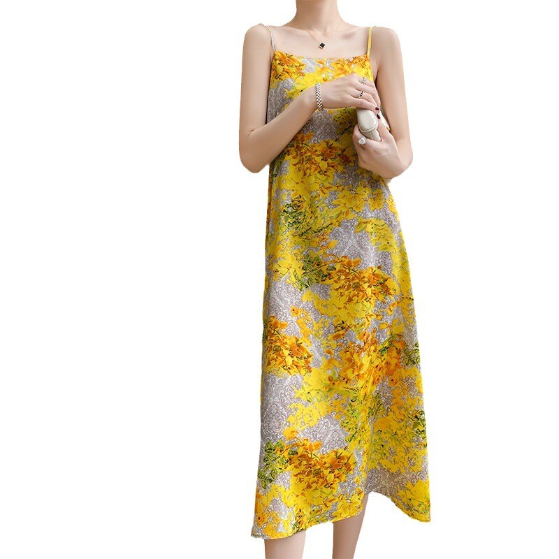 Women's Satin Summer Yellow Floral Print Slip Long Dress