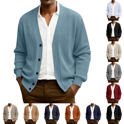 Winter Solid Color Cardigan Men'S Threaded Long Sleeved Jacket Outdoor Casual Ca