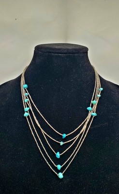 Vtg Native Liquid 925 Silver Turquoise 5 Strand 18-23 Inch Necklace Thunderbird