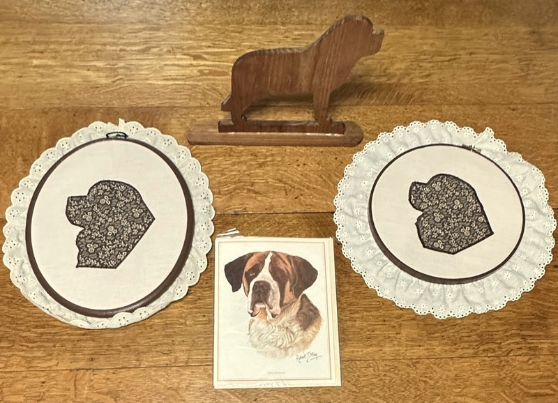 4 ST. BERNARD DOG ITEMS - WOOD CARVING, APPLIQUE WALL HANGINGS, CARD ROBERT MAY