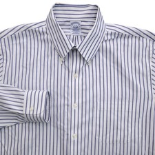 Brooks Brothers Dress Shirt 16 34 White Blue Stripe Regular Fit Non Iron Stretch