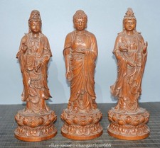 11.6'' Chinese Buddhism boxwood Carving Western Holy Buddha statue Set