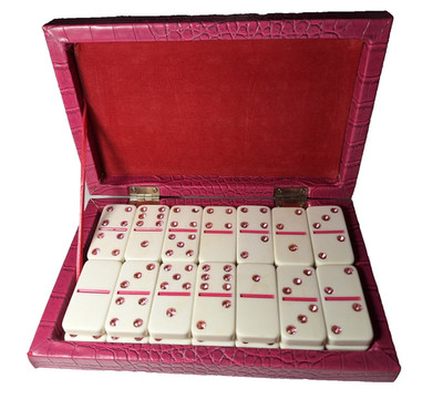 Vintage Pink Rhinestone Tiles Domino Set Alligator Skin Case magnetic close
