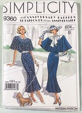 SIMPLICITY 9360 Dress Cape Tie Collar 1930 s Repro Sewing Pattern UNCUT Sz 6-12