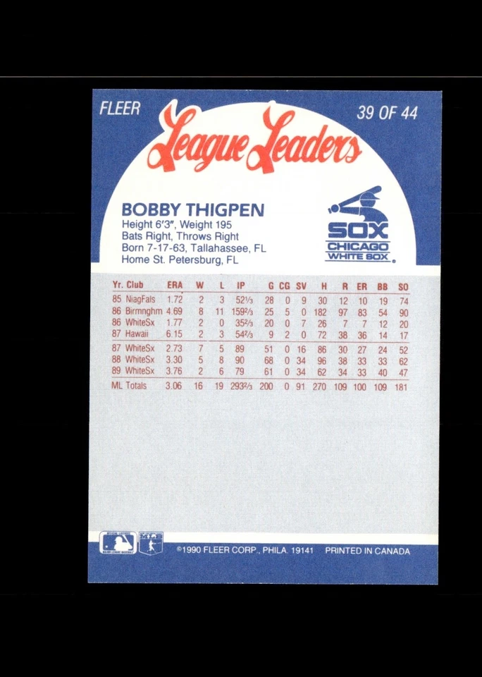 1990 Fleer Baseball's League Leaders - Bobby Thigpen #39 - Image 2 of 2