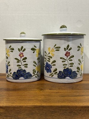 Beautiful Hand Painted Glazed Pottery Stoneware Floral Canister Set  ~ITALY~