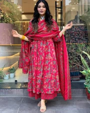 Gosriki Women'S Rayon Viscose Anarkali Printed Kurta With Palazzo & Dupatta (...