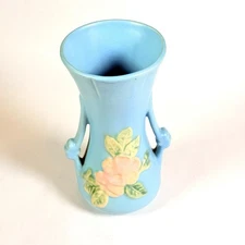 1930s WELLER BLOSSOM VASE ART POTTERY 7.25" X 3.5” BLUE FLORAL W/ HANDLES