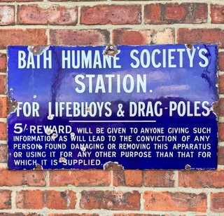 Antique Vintage c1900 Bath Humane Soc Lifebuoys & Drag P Enamel Advertising Sign