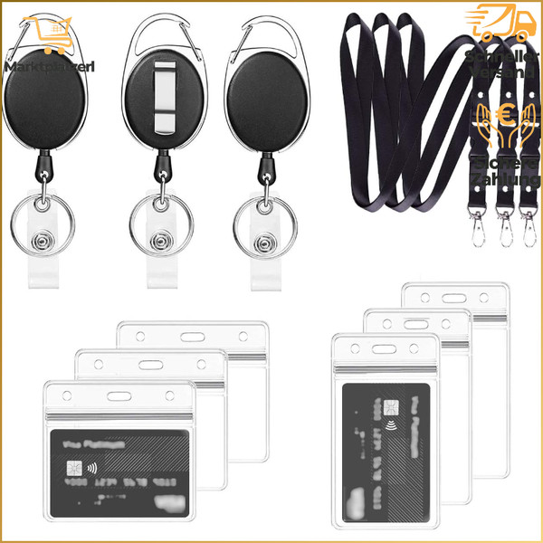 Ausweishalter Set 3X Einziehbar Lanyard SchlüSselband Wasserdicht Schwarz-image