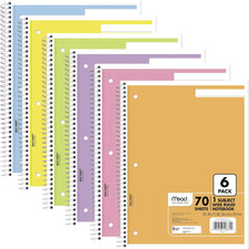 Spiral Notebook, 6 Pack, 1 Subject, Wide Ruled Paper, 7-1/2" X 10-1/2", 70