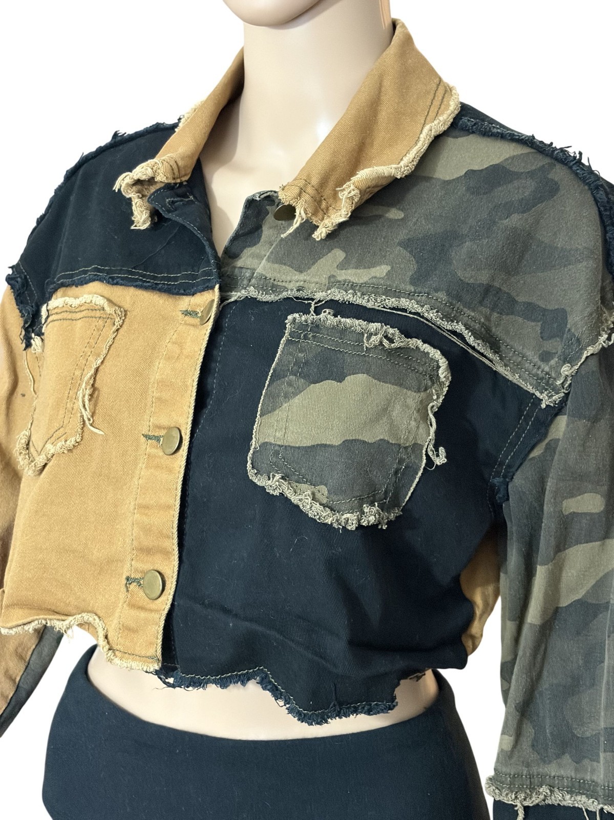 Fashion Nova Patchwork Cropped Jacket Size Medium - image 2