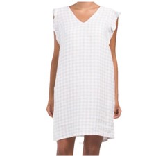 CYNTHIA ROWLEY White/Beige 100% Linen  Gingham Plaid Shift Dress Sz S