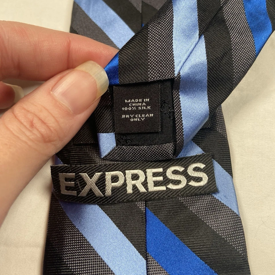 Corbata Express para hombre a rayas 100 % seda negra azul larga 3,25 x 62 nueva sin etiquetas Foto 2 de 3