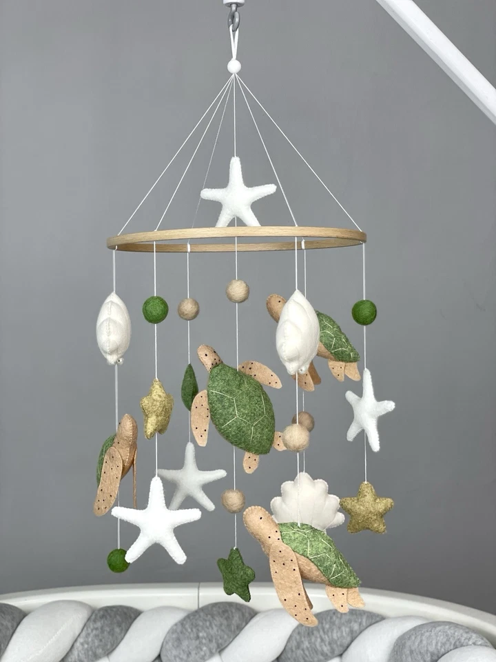 Tortuga Bebé Cuna Móvil Océano Decoración Guardería Fieltro Tortuga Marina Náutica Baby Shower Foto 2 de 4