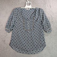 41 Hawthorn Top Blouse Women Small Geometric Print Studded Short Sleeve Blue