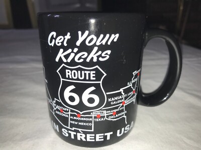 GET YOUR KICKS on ROUTE 66 Main Street USA MAP Black 11oz Coffee MUG Cup 3¾ Tall