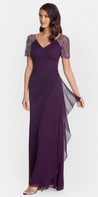 Xscape Women's Long V-Neck Beaded Detail Jersey (Reg and Petite