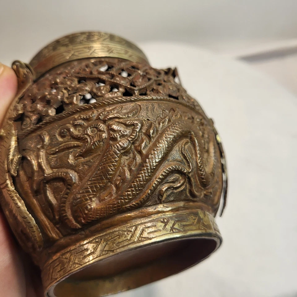 Brass Copper Asian Dragon Incense Burner chains Lid Engraved elaborate vintage - Image 2 of 4