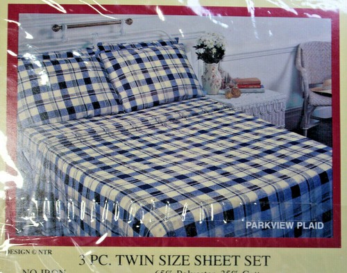 Vintage Family Crest 3 Piece Twin Sheet Set. Blue Parkview Plaid NOS - Picture 2 of 11