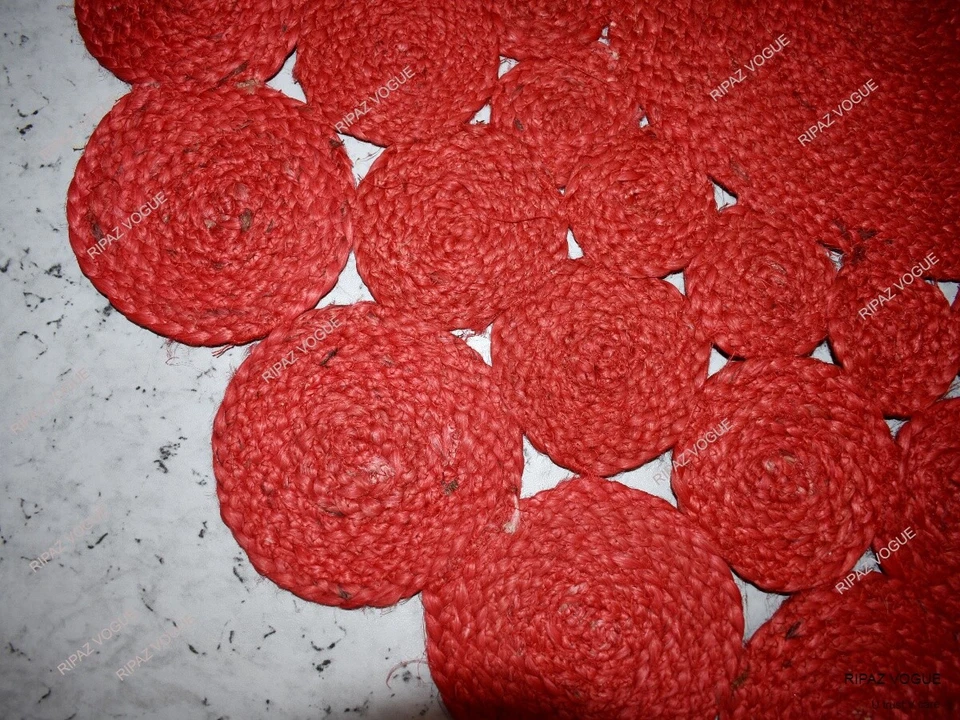 Red Jute Rug Round Hand Braided Area Rug for Living Room, Bedroom, Hallway - Image 4 of 4