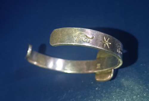 Vintage Mexico Mexican Healing Blue Cat Eye Sterling Silver Cuff Bracelet - Picture 7 of 11