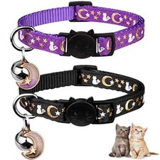 2PCS Breakaway Cat Collars with Bell Moons Stars Cute 6.9-10.7 in Black Purple