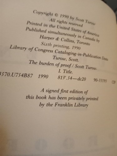 LIKE NEW 1ST EDITION The Burden Of Proof by Scott Turow (1990, Hardcover)...... - Picture 3 of 3