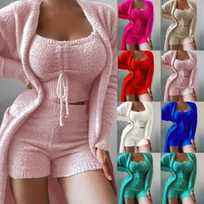 Womens Fleece Fluffy Fur Coat Shorts 3Pcs Pyjamas Set Lounge Wear Pjs Nightwear