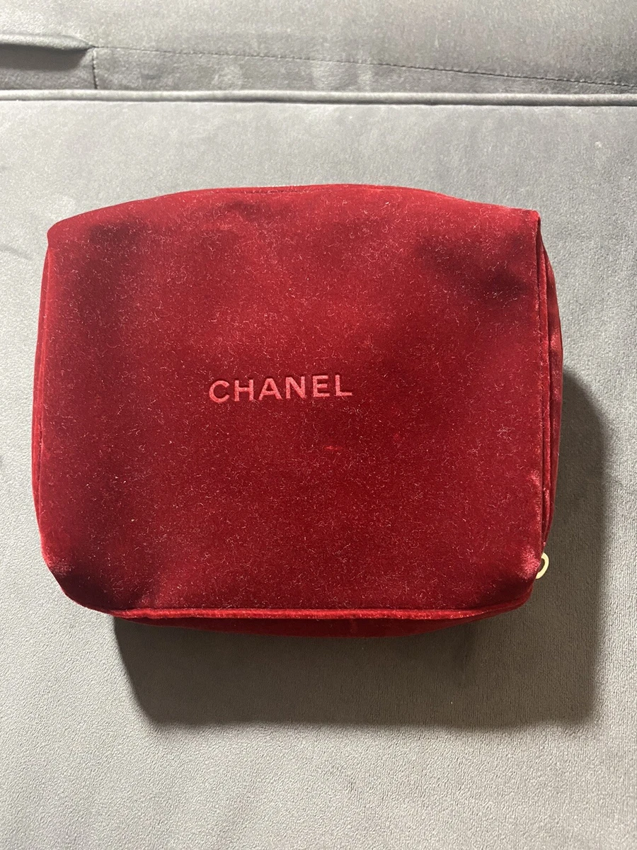 Authentic Chanel Christmas Only Velvet Coco Mark Cosmetic Pouch Red