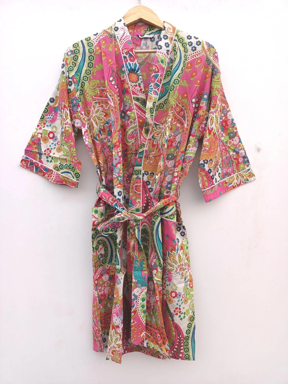 Batas de algodón con estampado de cachemira rosa indio Kimono largo Ropa de d...