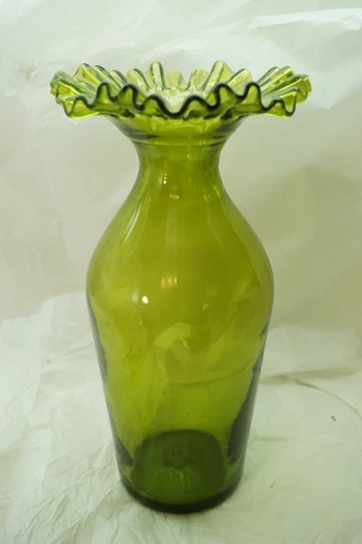 VINTAGE BLENKO ART GLASS VASE RUFFLED RIM AVOCADO GREEN 13in PONTIL MID CENTURY