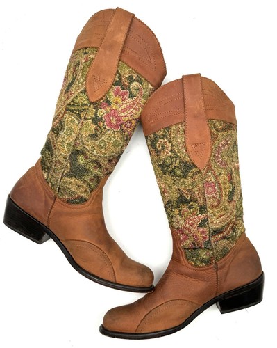 Diego Di Lucca Stiefel 8 braun Leder grün Paisley Gobelin groß Western Boho - Bild 5 von 8