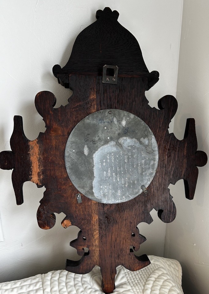 Antique Wall Clock German Or French ? Bronze Cherub Carved Wood 19th