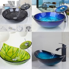 Bathroom Glass Vessel Basin Sinks Bowl  Brass Mixer Faucet Drain Set